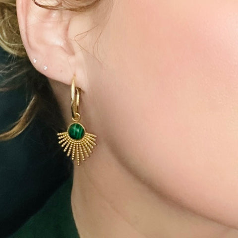 Malachite Gold Sunburst Huggie Earrings